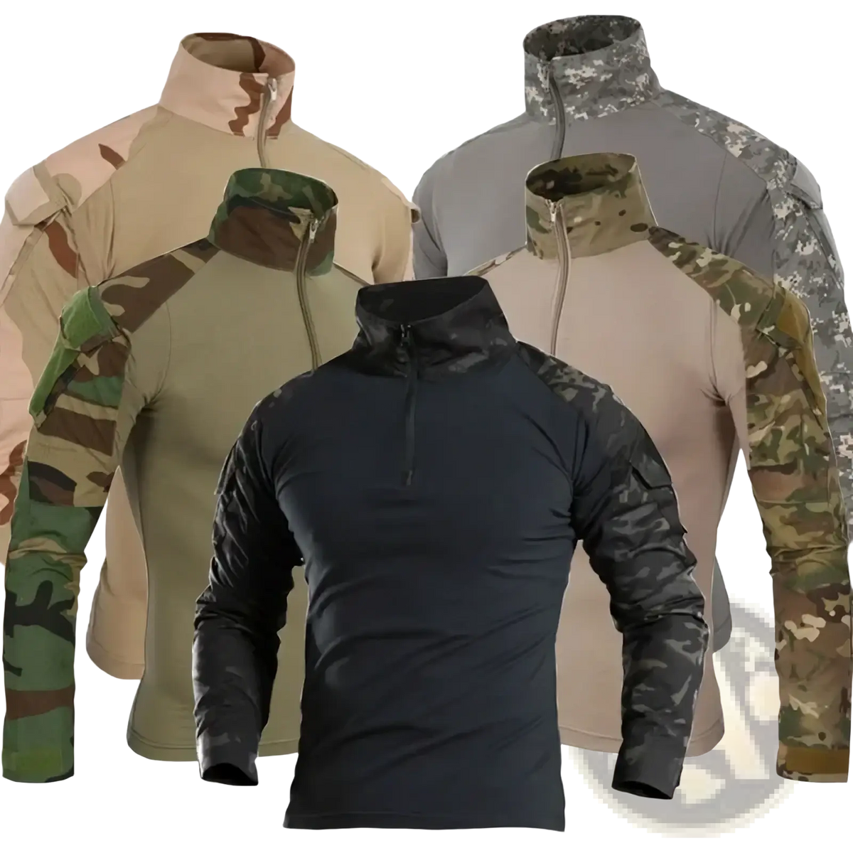 Tactical camouflage long sleeve shirt for men with black fabric, half-zip collar, and camo-patterned sleeves