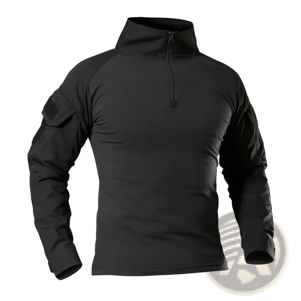 Black tactical long sleeve shirt for men with half zip collar and reinforced arm panels for durability