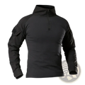 Black tactical long sleeve shirt for men with half zip collar and reinforced arm panels for durability
