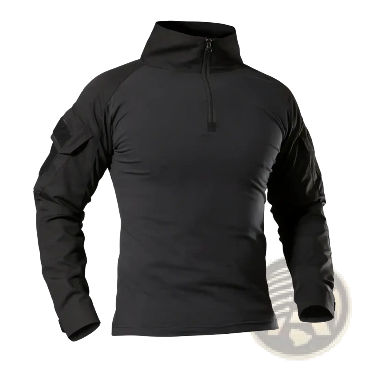 Black tactical long sleeve shirt for men with half zip collar and reinforced arm panels for durability