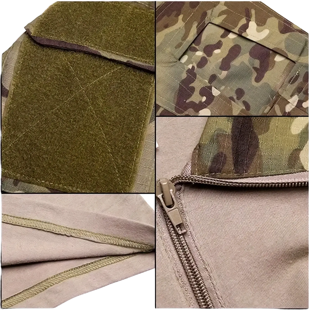 Tactical camouflage long sleeve shirt men paired with multicam camouflage tactical pants featuring olive green velcro patches and tan accents