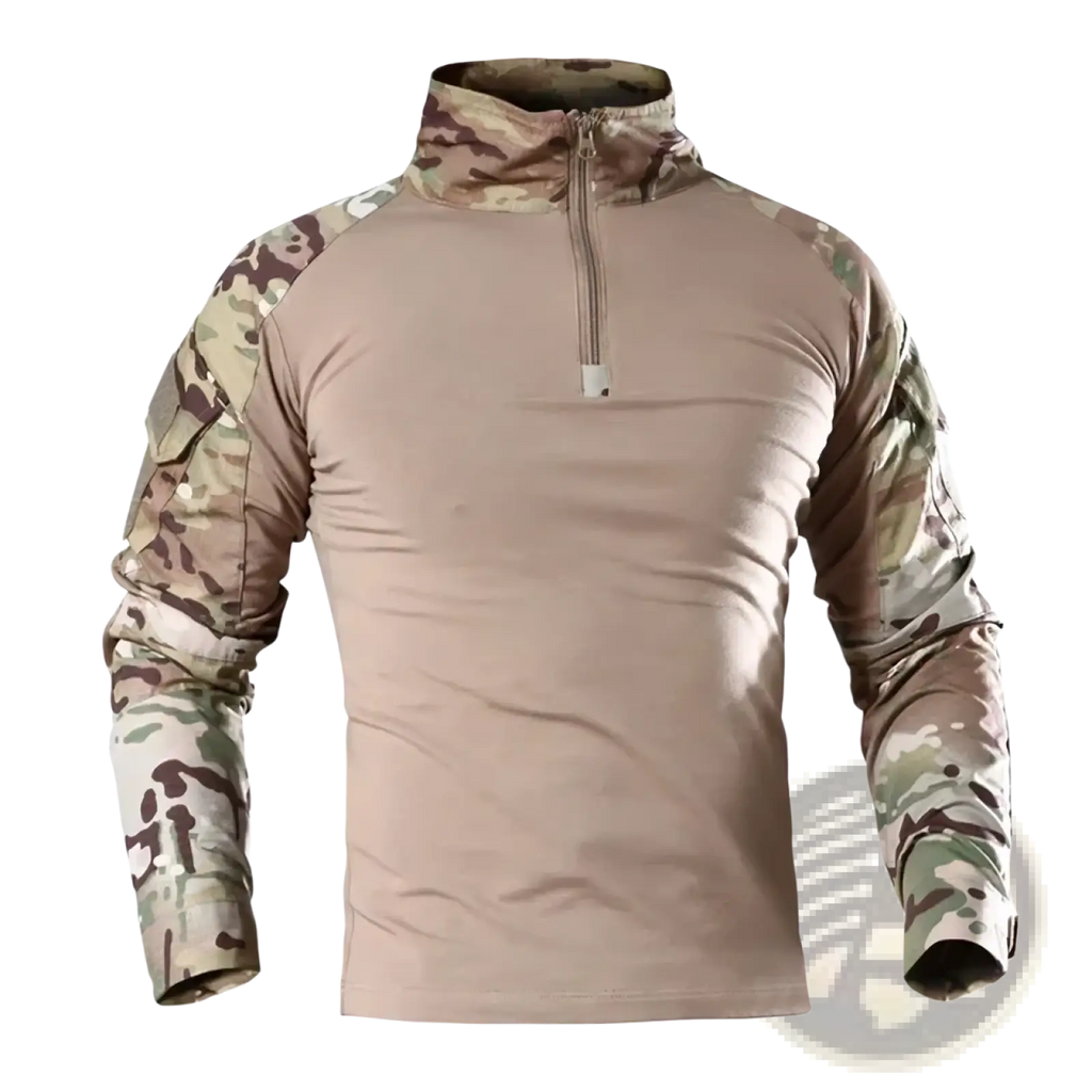 Tan tactical long sleeve shirt with camouflage patterned sleeves and collar and a half zip front for men