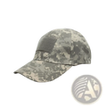 Tactical camouflage mens baseball cap with gray and green digital pattern, structured crown, and curved brim