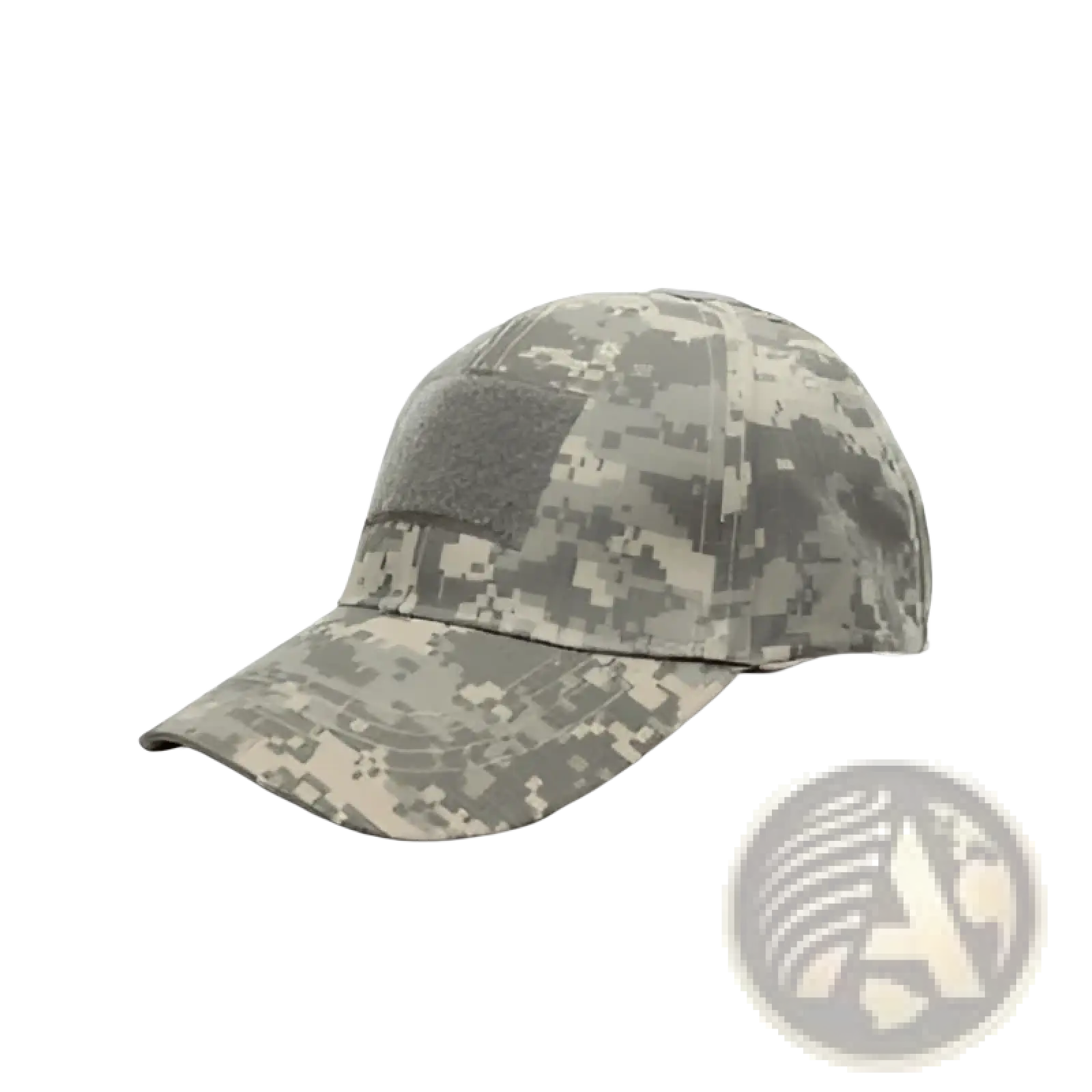 Tactical camouflage mens baseball cap with gray and green digital pattern, structured crown, and curved brim