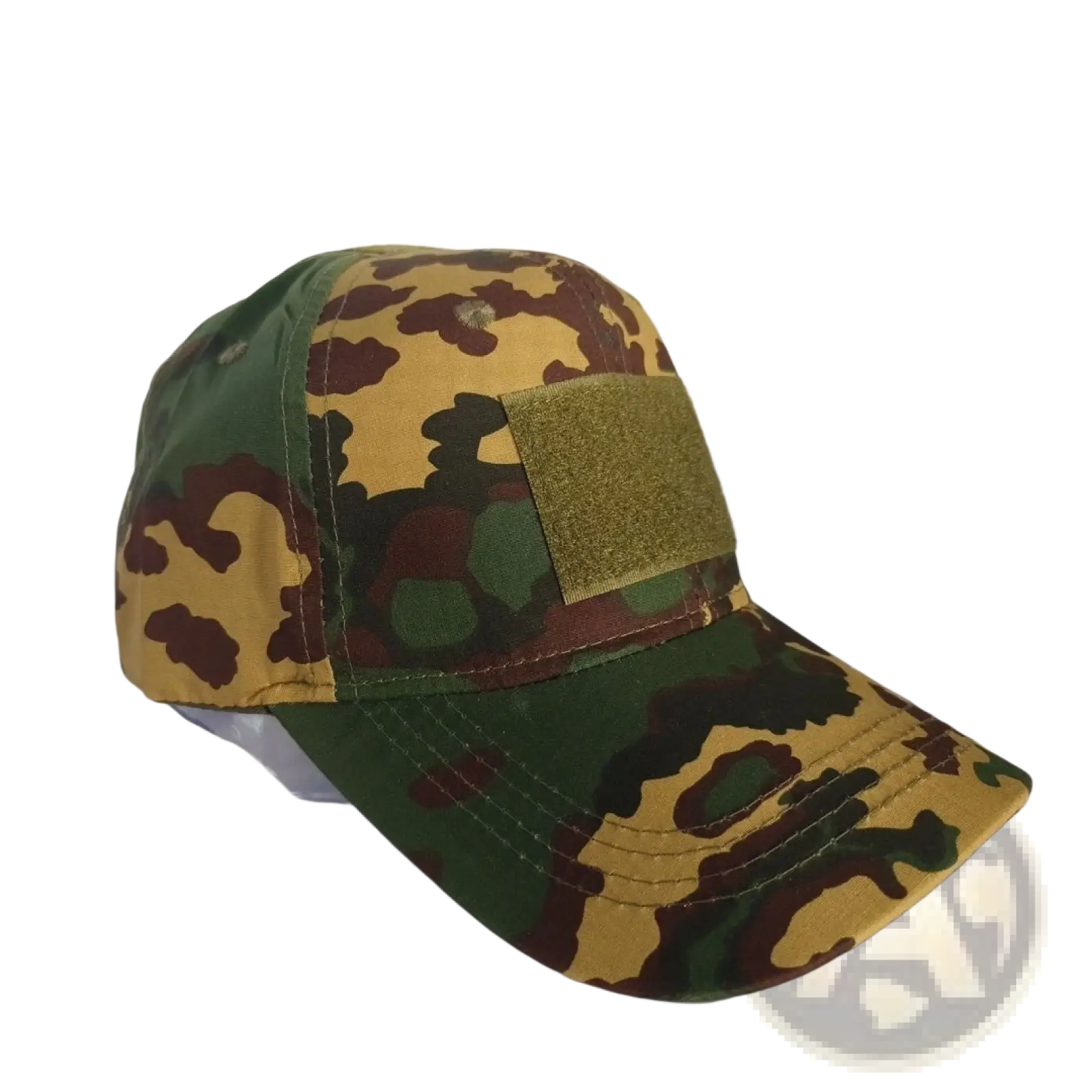 A tactical camouflage mens baseball cap with green brown tan splotches and an olive green velcro patch on front