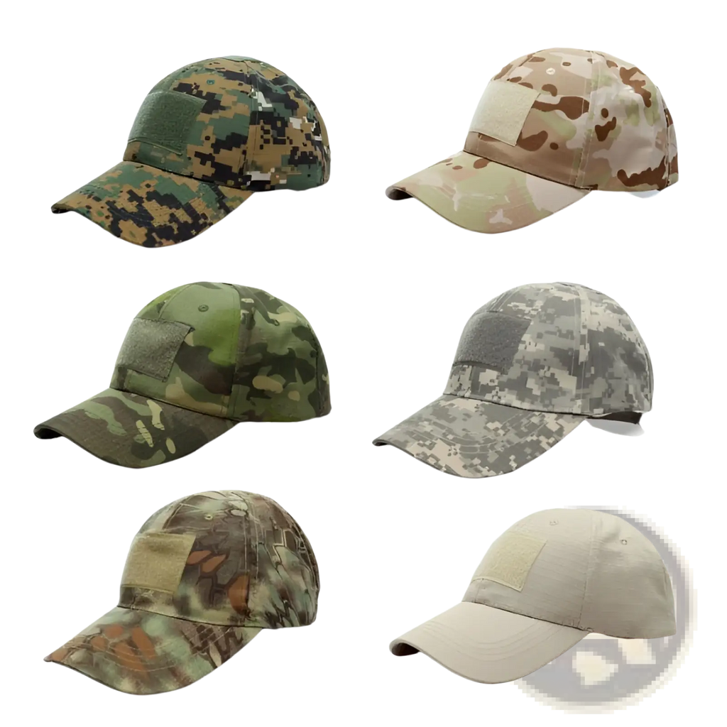Six tactical camouflage mens baseball caps in various digital and woodland patterns for military sun protection