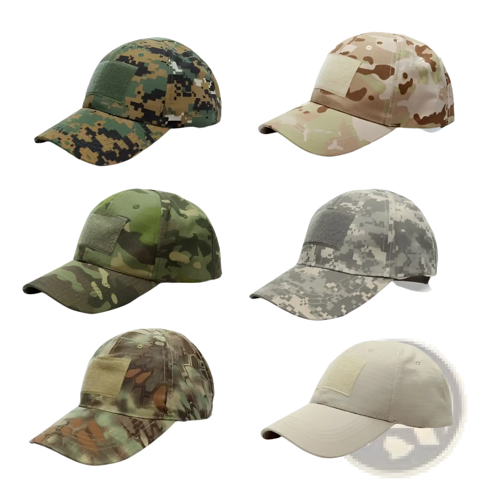 Six tactical camouflage mens baseball caps in various digital and woodland patterns for military sun protection