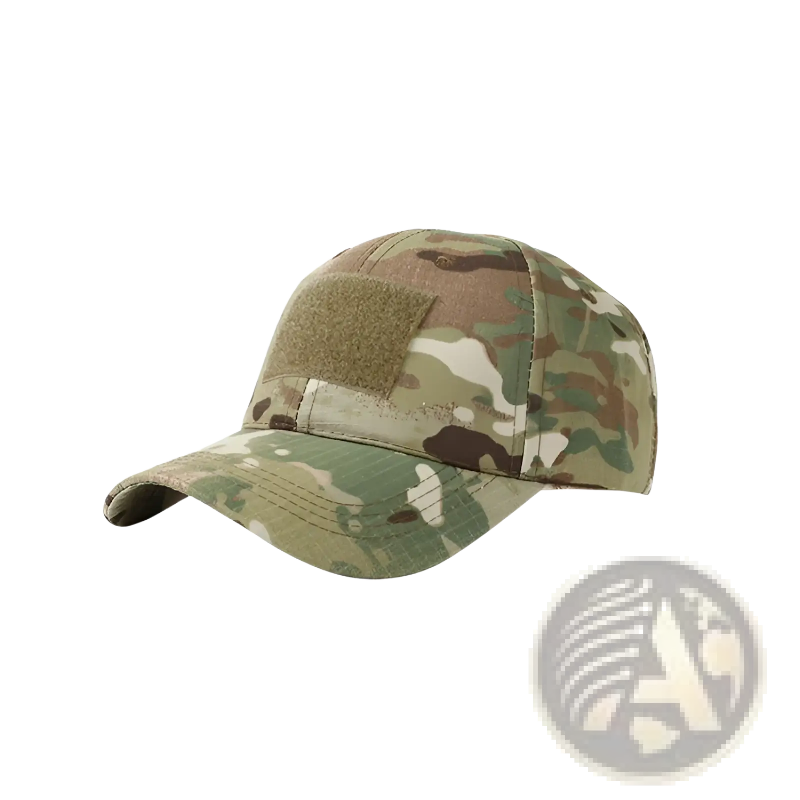 Tactical camouflage mens baseball cap with tan velcro patch made of durable fabric for military and sun protection use