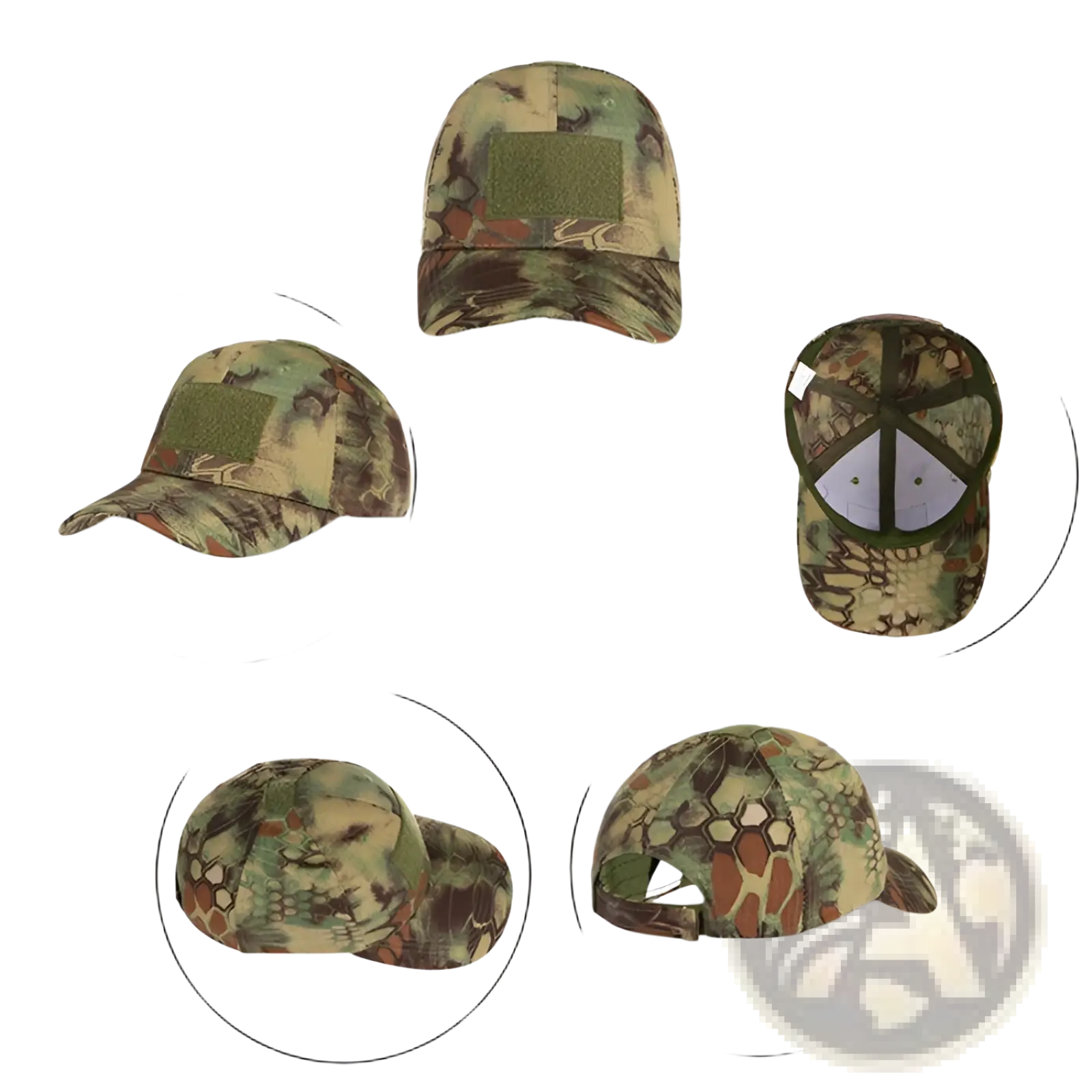 Tactical camouflage mens baseball cap with hexagonal and leaf pattern in green brown and tan for military use
