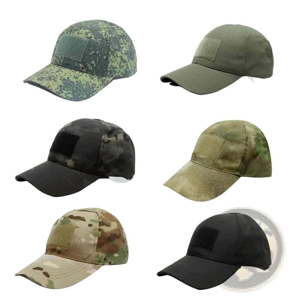Six tactical camouflage mens baseball caps in digital green woodland brown black and tan for military sun protection