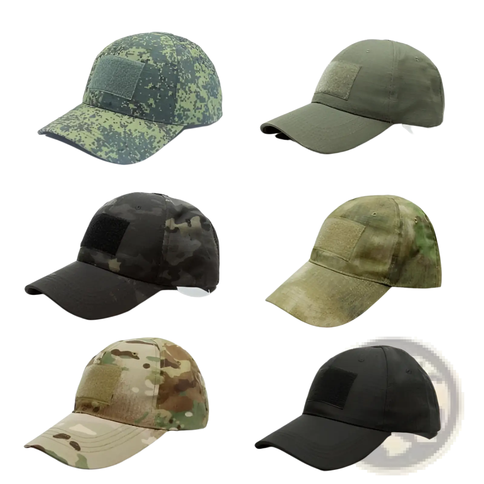 Six tactical camouflage mens baseball caps in digital green woodland brown black and tan for military sun protection
