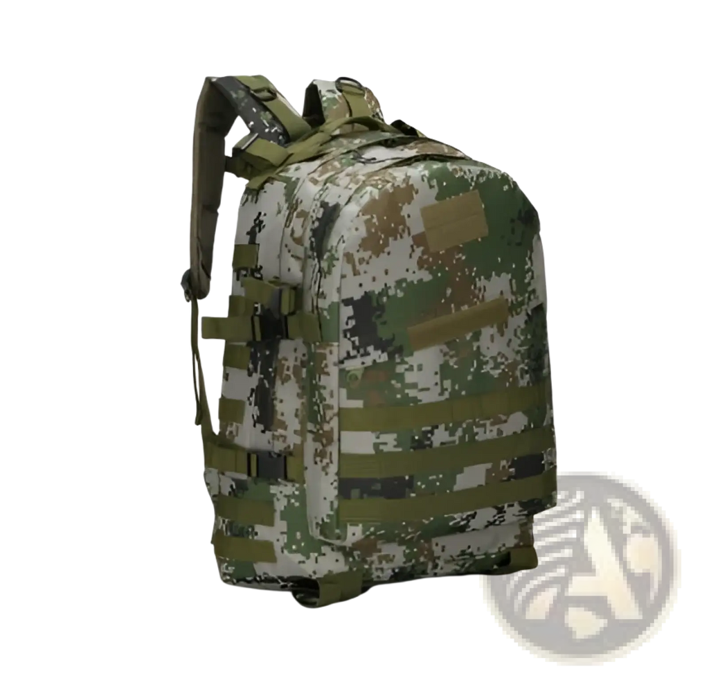Tactical camouflage mountaineering backpack in olive green brown and gray tones designed for hiking use