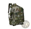 Tactical camouflage mountaineering backpack in olive green brown and gray tones designed for hiking use