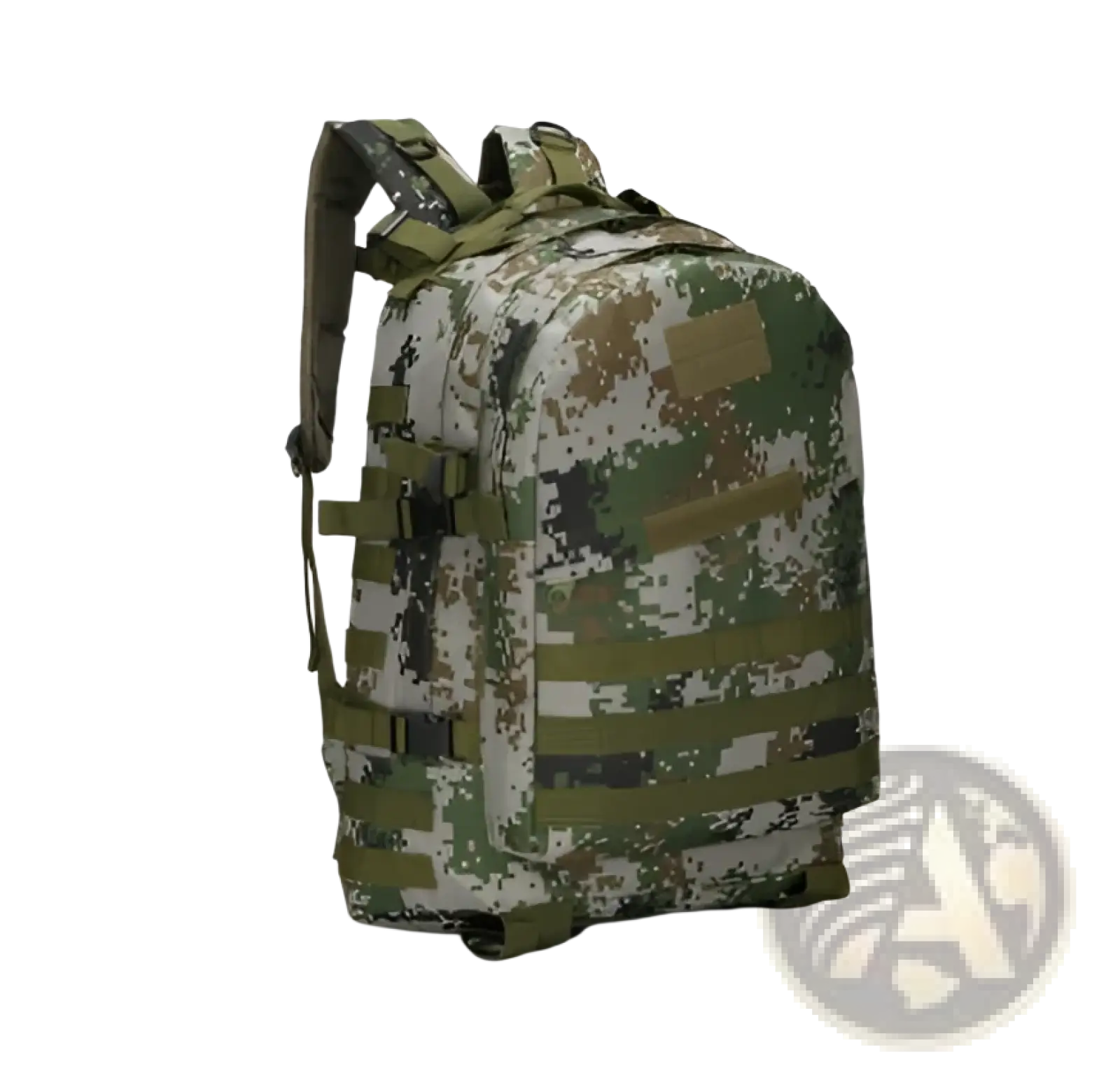 Tactical camouflage mountaineering backpack in olive green brown and gray tones designed for hiking use