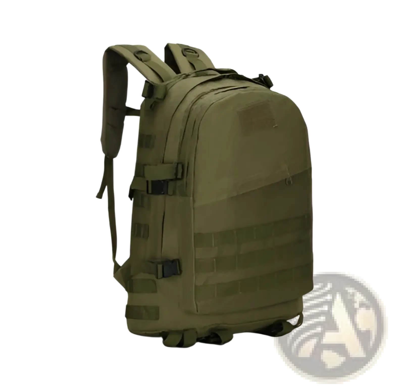 Olive green tactical camouflage mountaineering backpack with reinforced straps and modular webbing panels for hiking