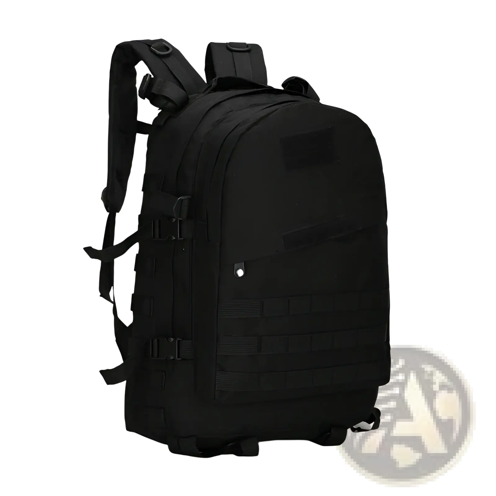 Black tactical camouflage mountaineering backpack with reinforced straps and modular webbing panels for hiking