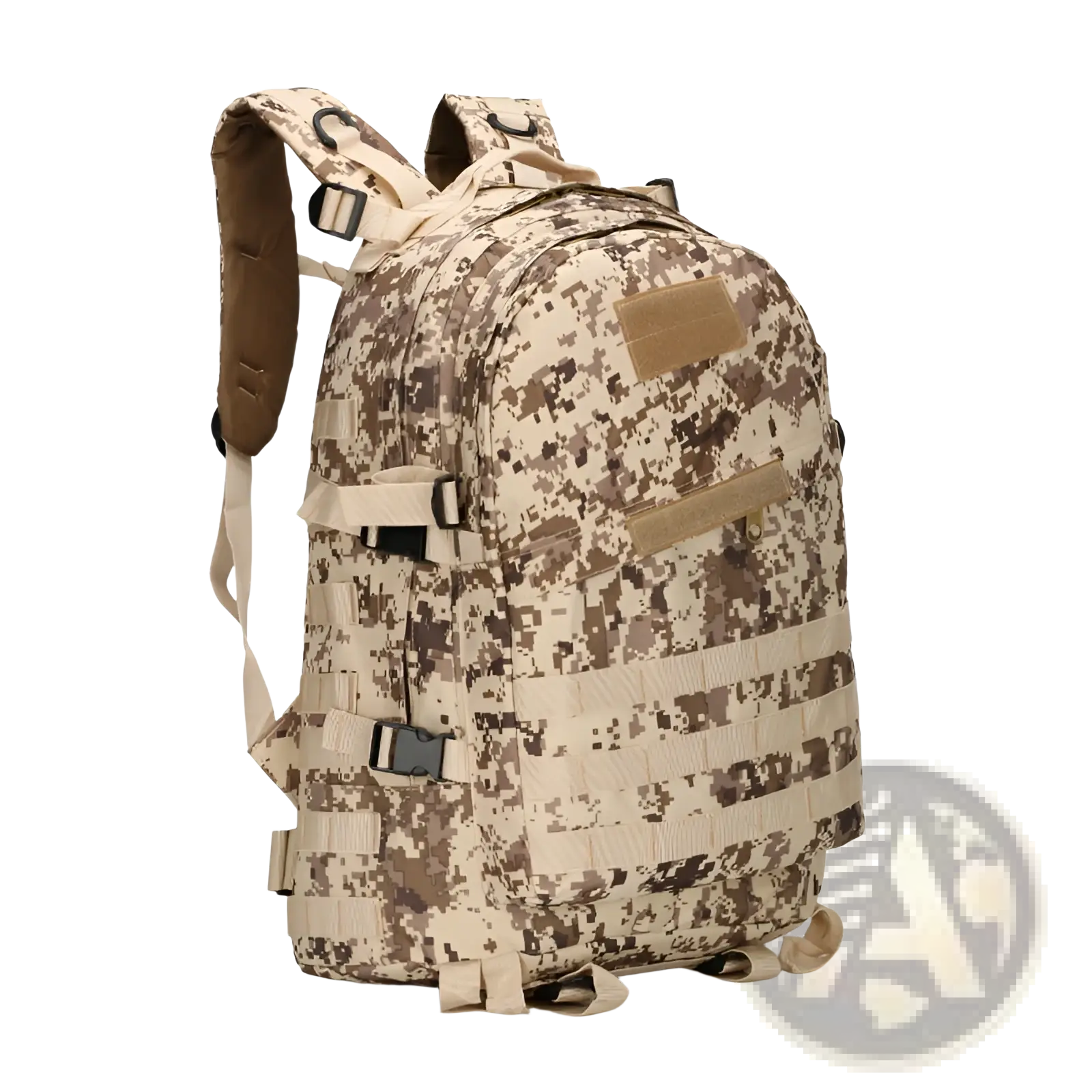 Beige and brown digital camouflage tactical mountaineering backpack with adjustable straps and multiple utility pockets for hiking
