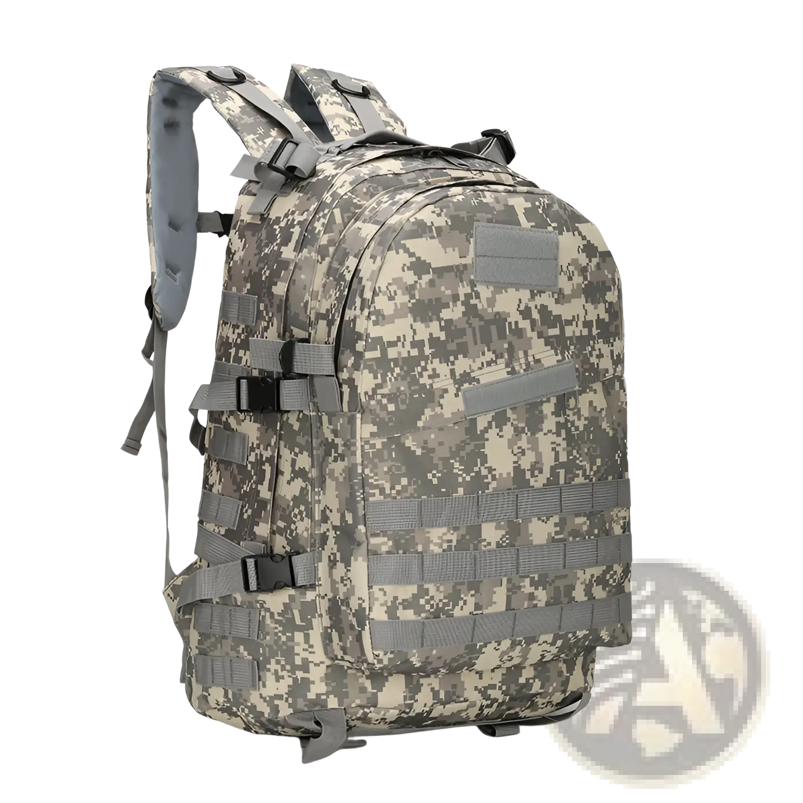 Tactical camouflage mountaineering backpack with digital camo pattern and gray webbing straps for hiking use