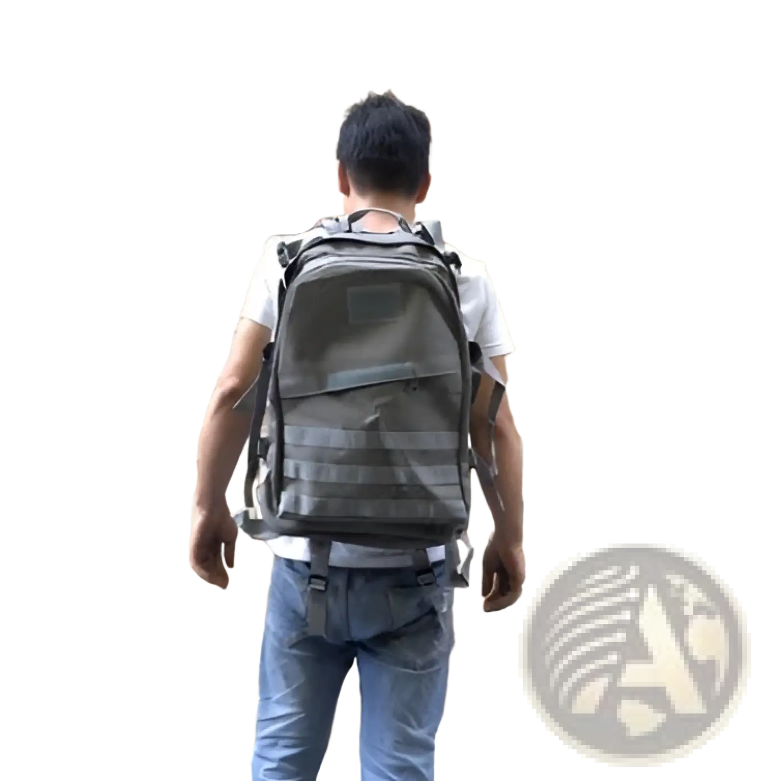 Dark gray tactical camouflage mountaineering backpack with multiple compartments and adjustable straps for hiking