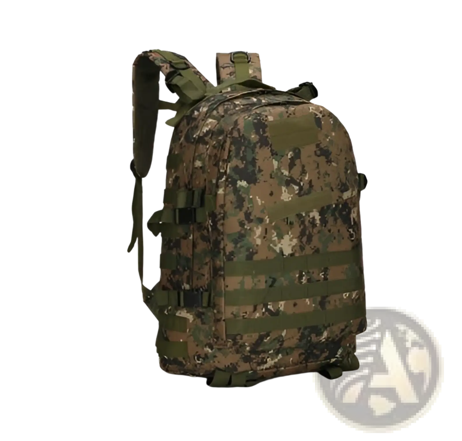 Tactical camouflage mountaineering backpack with digital green brown and black camouflage pattern for hiking