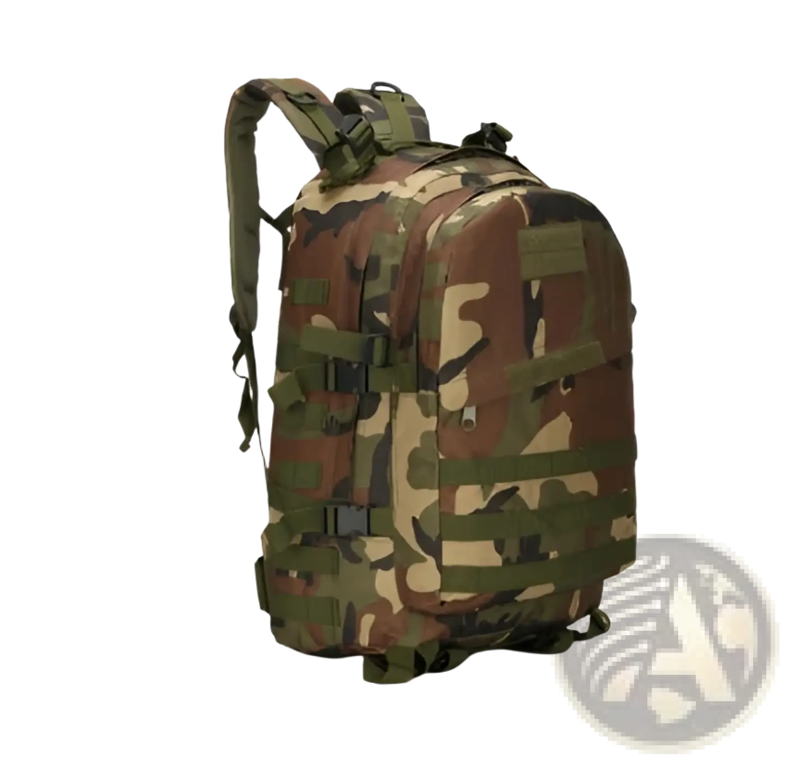 Tactical camouflage mountaineering backpack in green brown and beige tones for hiking with durable fabric