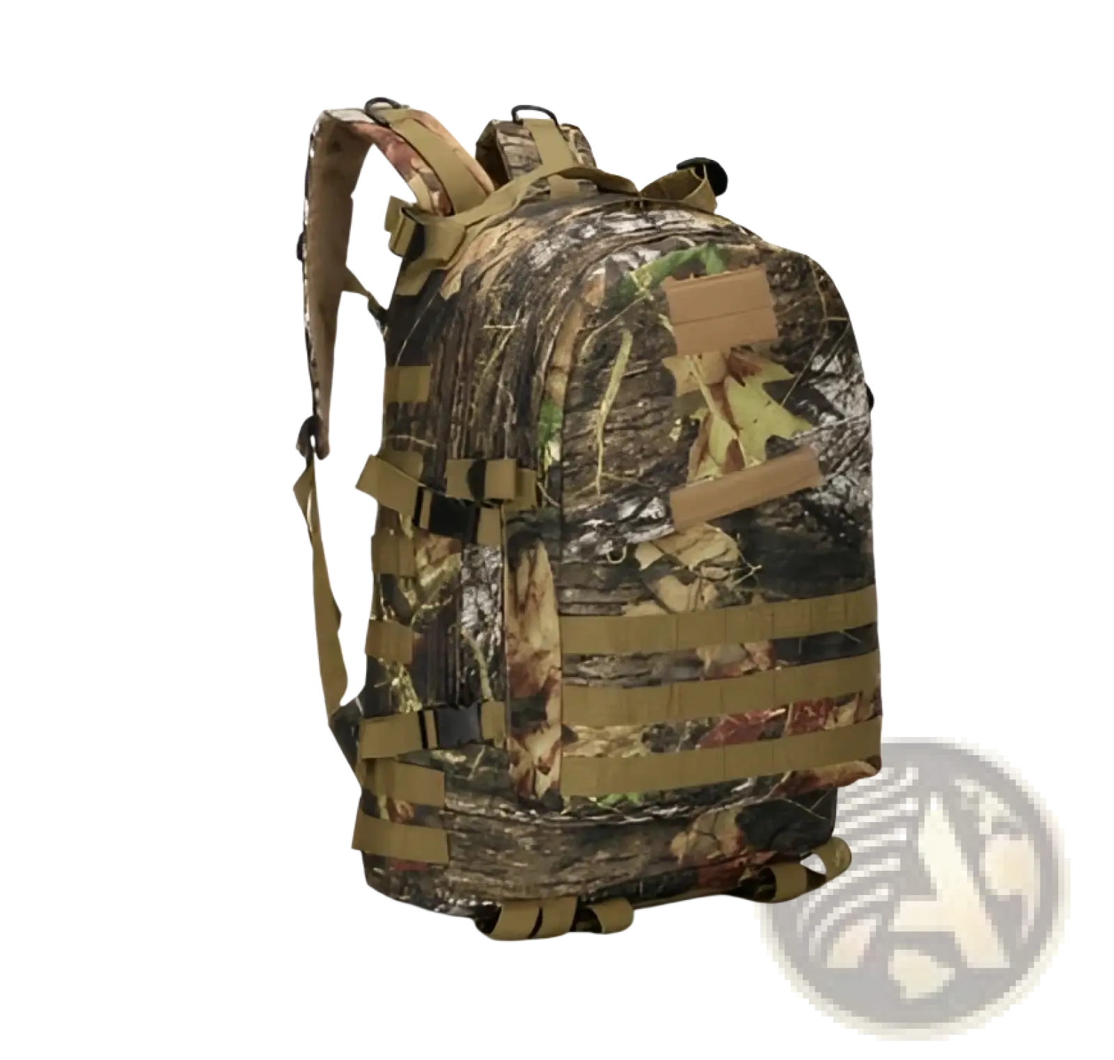Tactical camouflage mountaineering backpack with tan webbing straps and multiple utility pockets for hiking