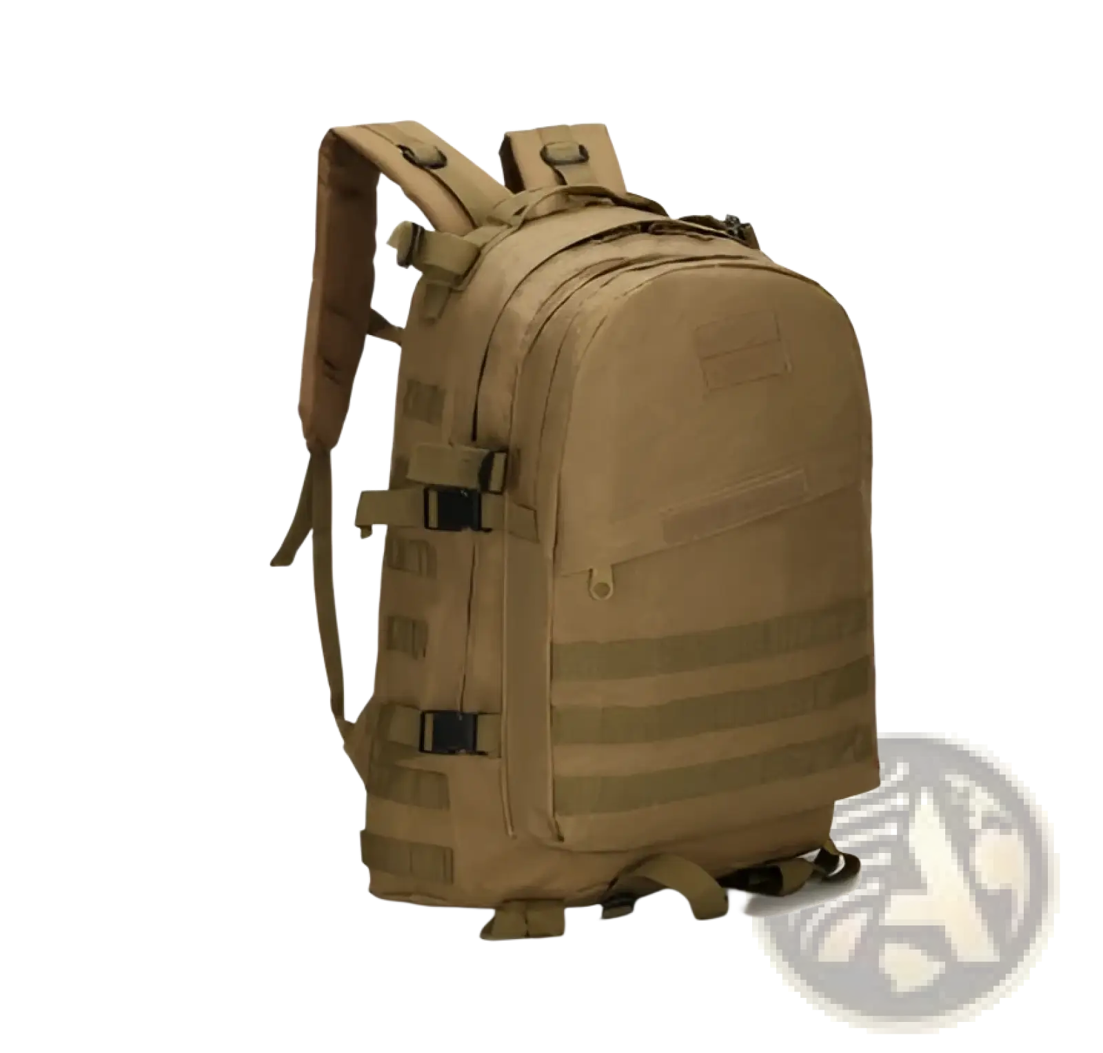 Tan tactical camouflage mountaineering backpack with multiple straps and black buckles designed for hiking use