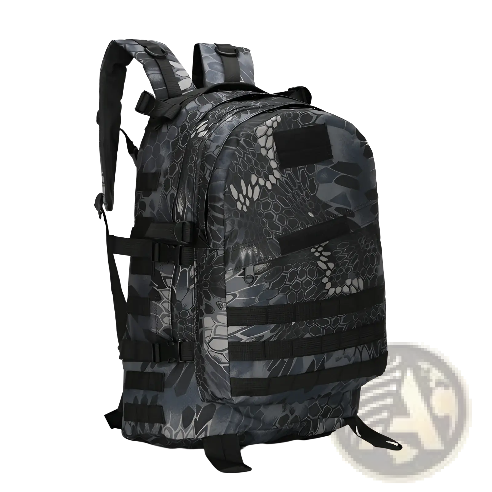 Black and gray camouflage tactical mountaineering backpack with reinforced straps and modular webbing for hiking