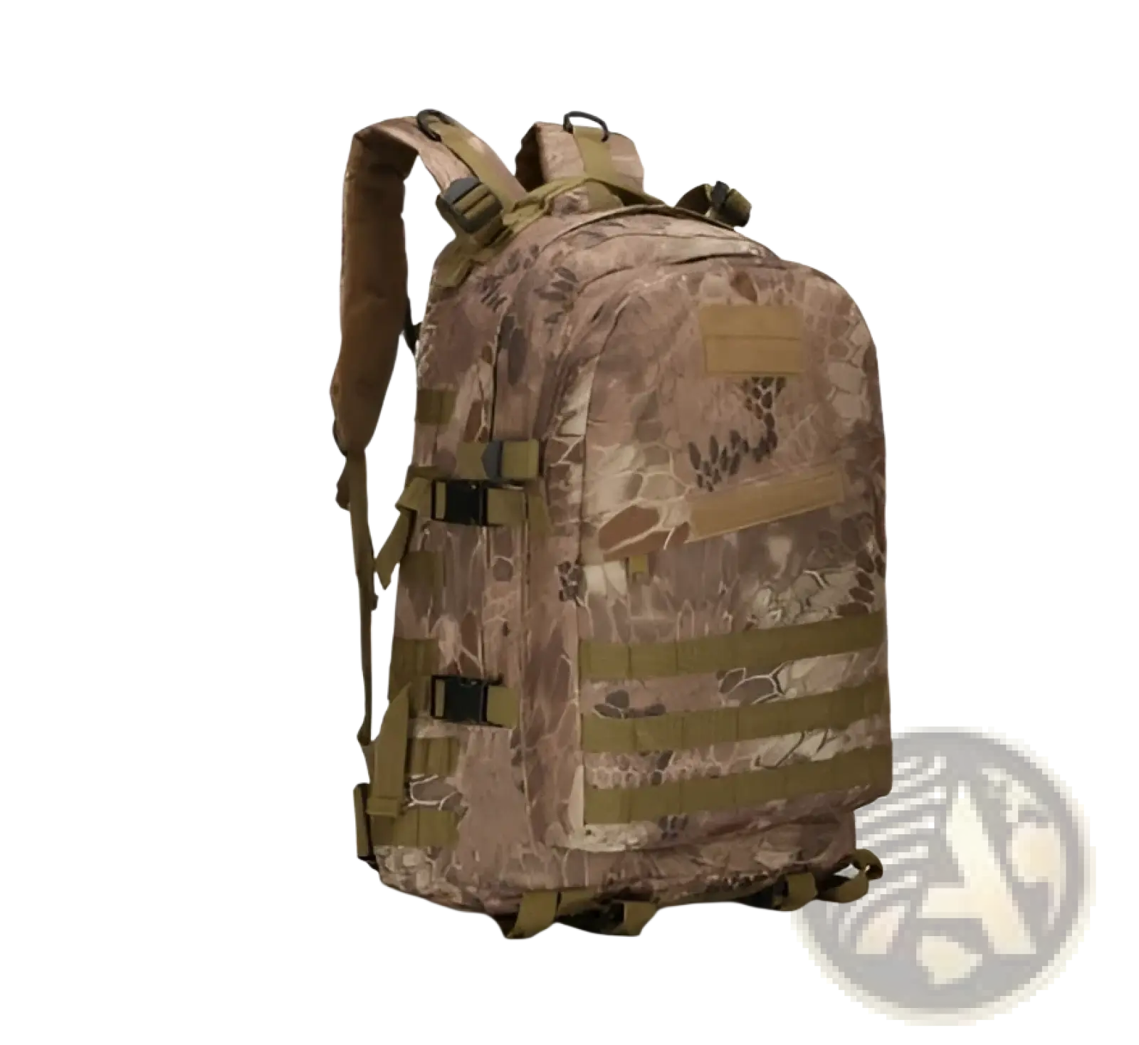 Tactical camouflage mountaineering backpack in tan and brown with durable fabric and multiple straps for hiking