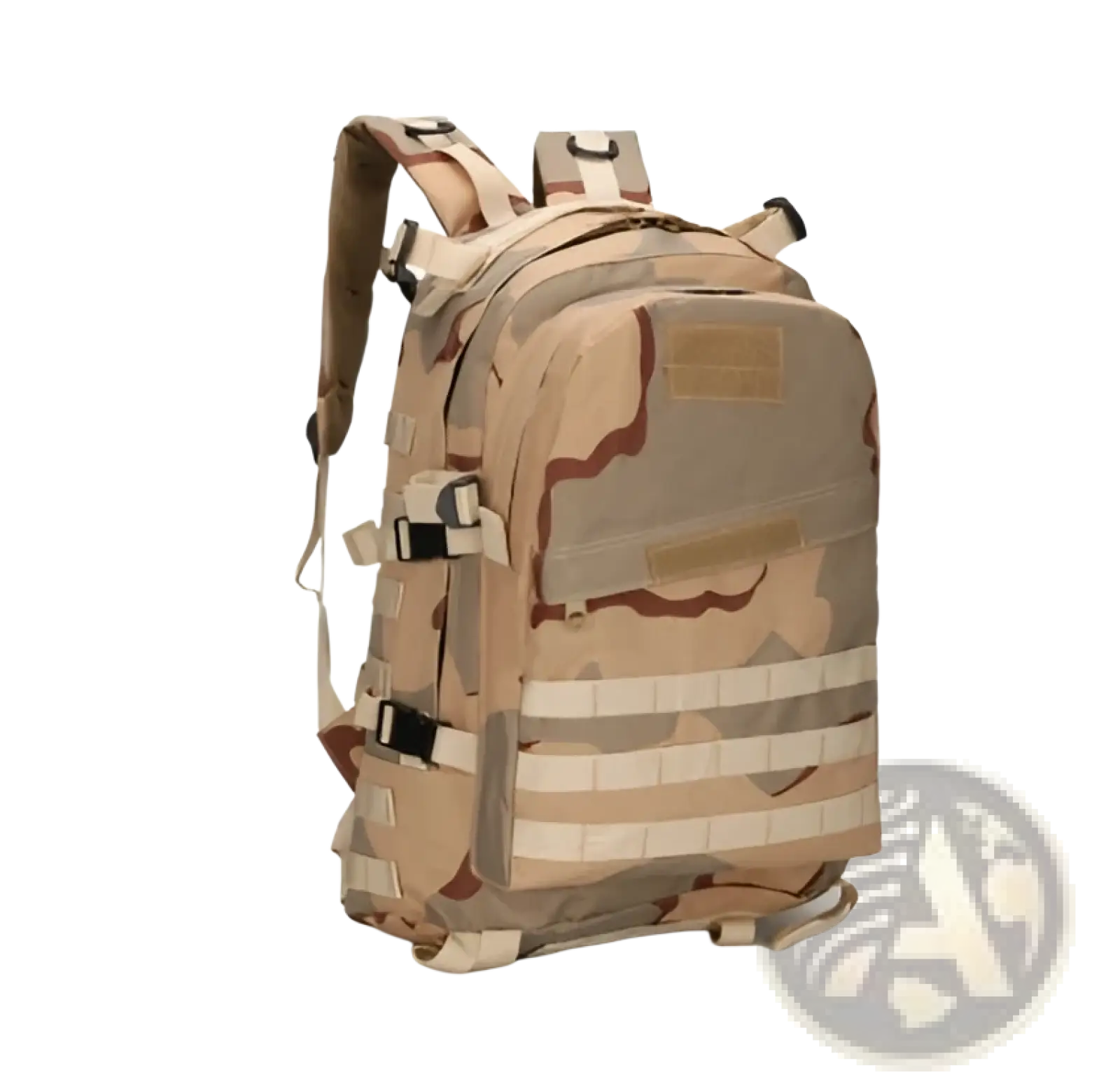 Tactical camouflage mountaineering backpack in tan and beige with modular webbing straps for hiking use