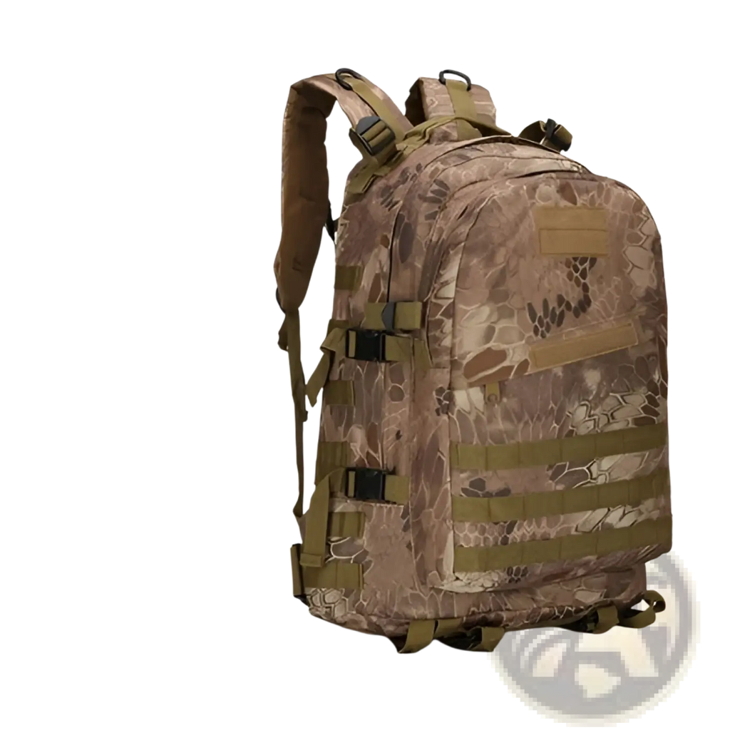 Tactical camouflage mountaineering backpack in tan and brown with olive green straps and buckles for hiking use