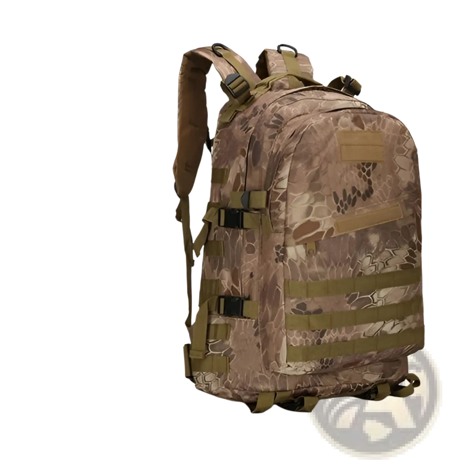 Tactical camouflage mountaineering backpack in tan and brown with olive green straps and buckles for hiking use
