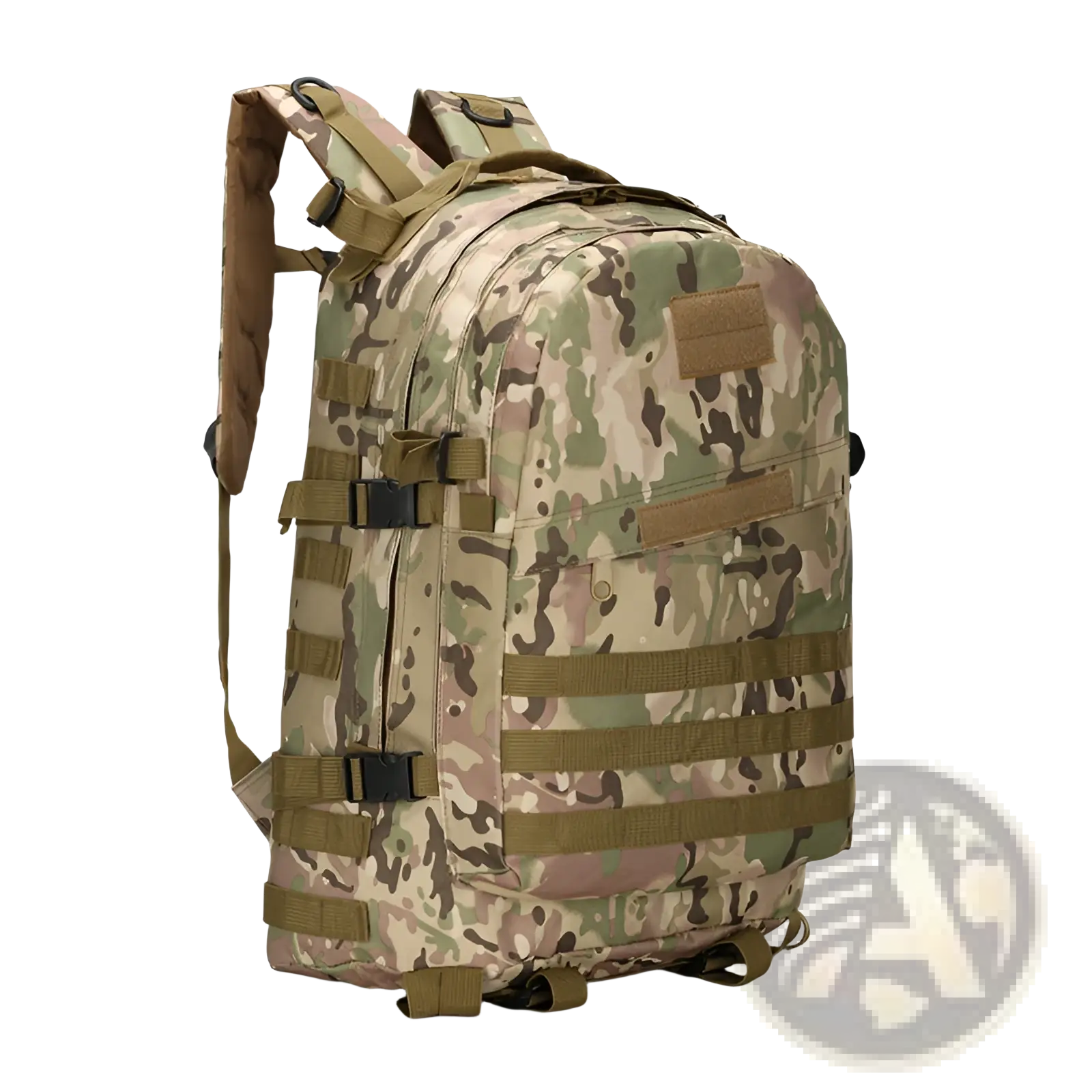 Tactical camouflage mountaineering backpack with multi-tone camouflage and olive green tan straps for hiking use