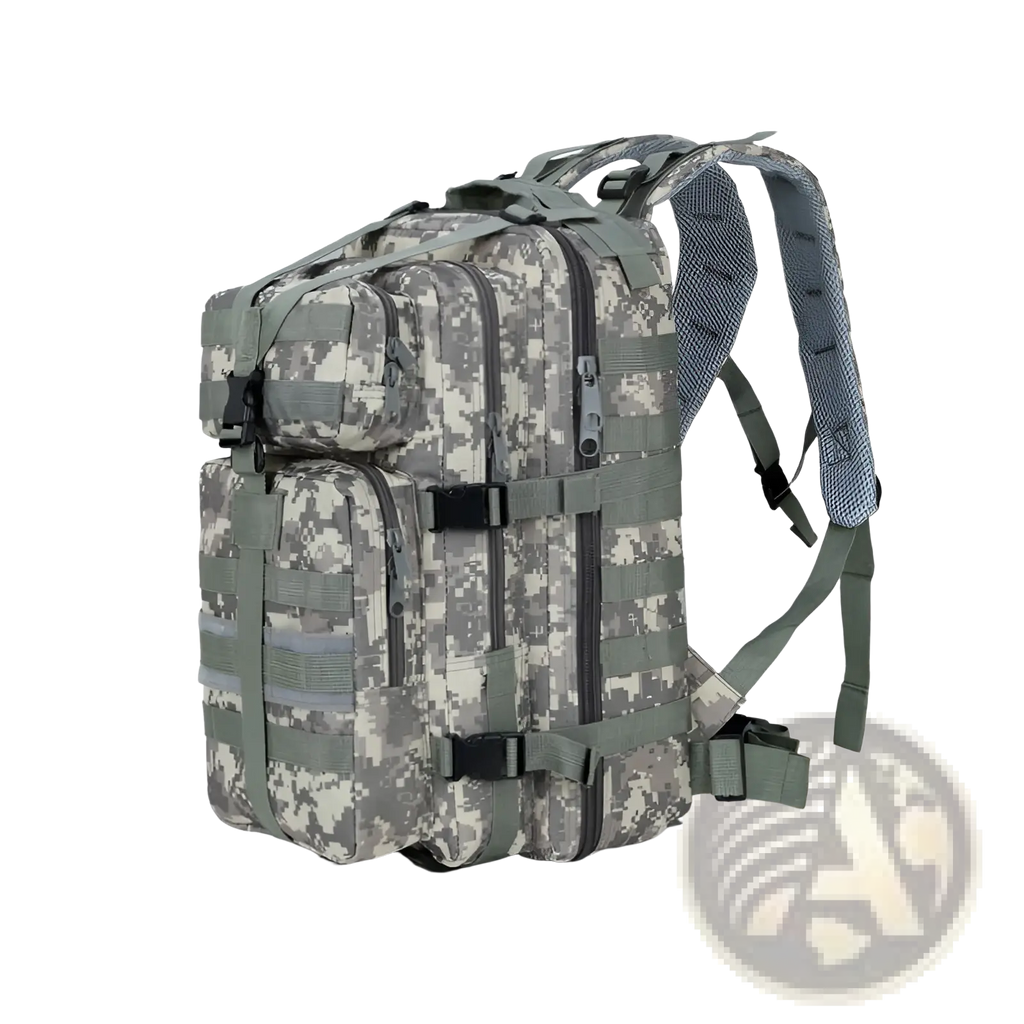 Tactical camouflage waterproof mountaineering backpack with digital camouflage pattern and olive green webbing straps