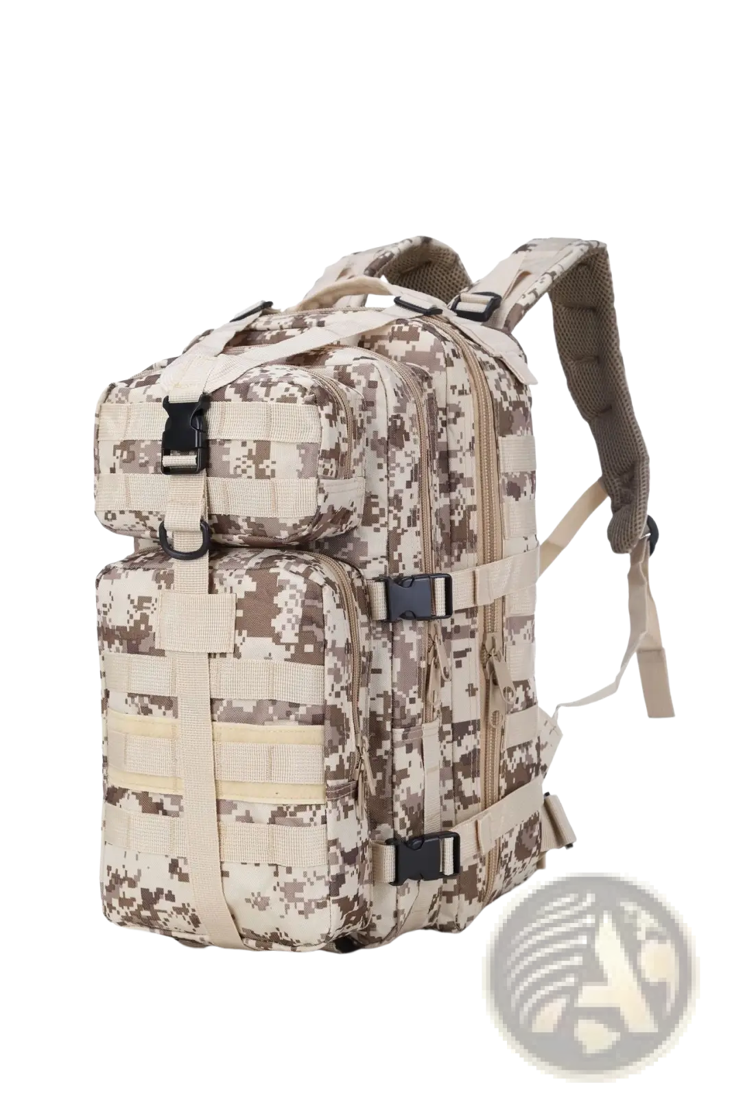 Beige and tan digital camouflage waterproof tactical mountaineering backpack with zippered compartments and adjustable straps
