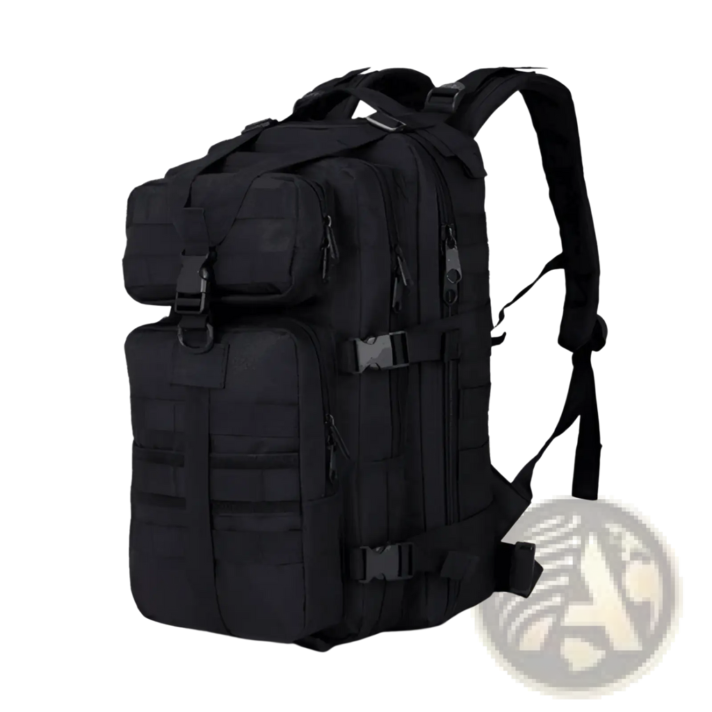 Black tactical camouflage waterproof mountaineering backpack with multiple zippered compartments and adjustable straps showing back side