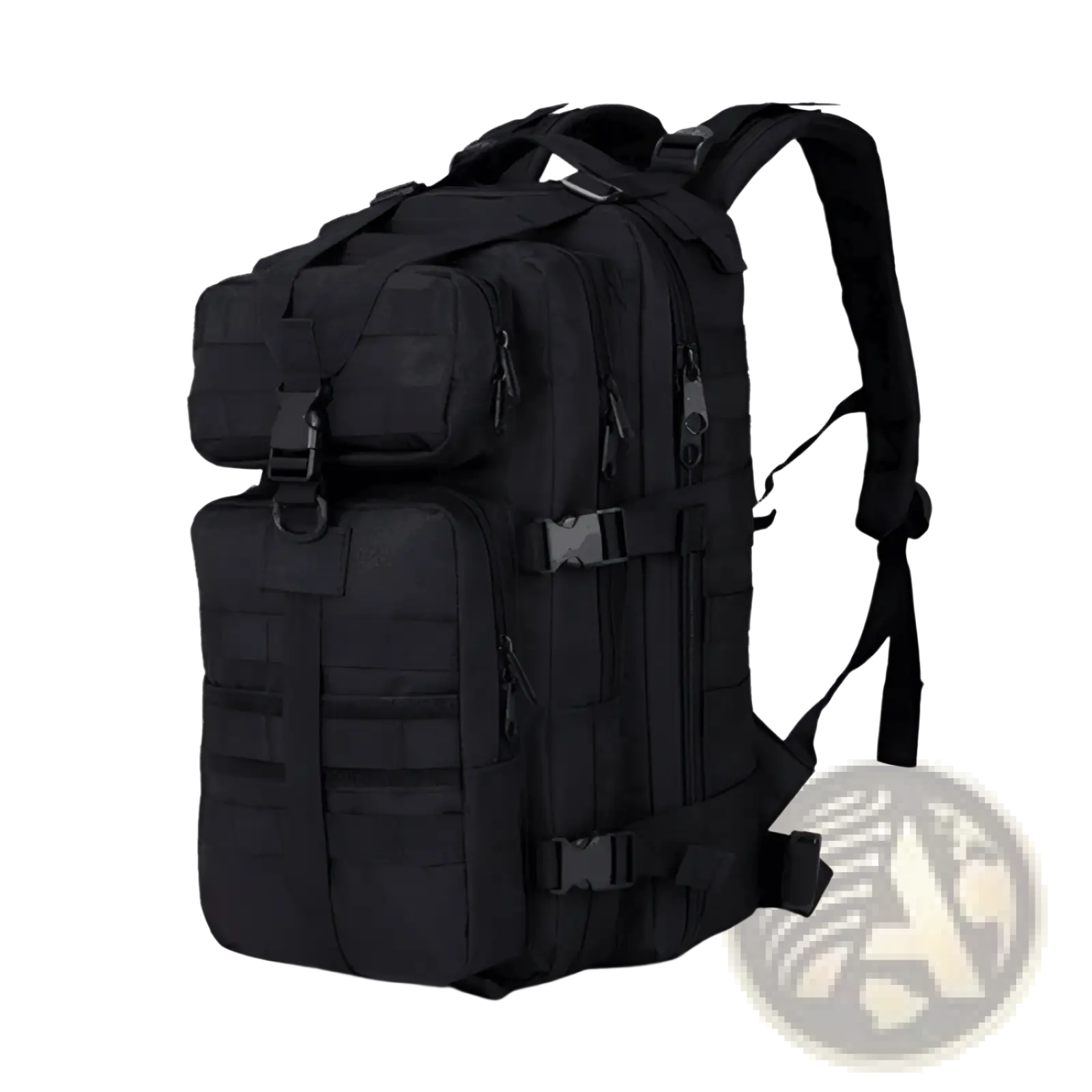 Black tactical camouflage waterproof mountaineering backpack with multiple zippered compartments and adjustable straps showing back side