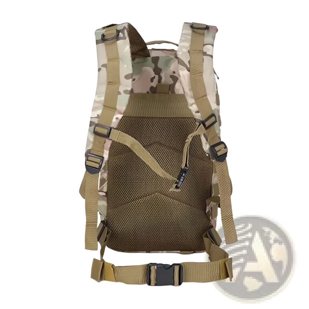 Tan and green camouflage tactical waterproof mountaineering backpack with adjustable straps and mesh back panel shown from back side