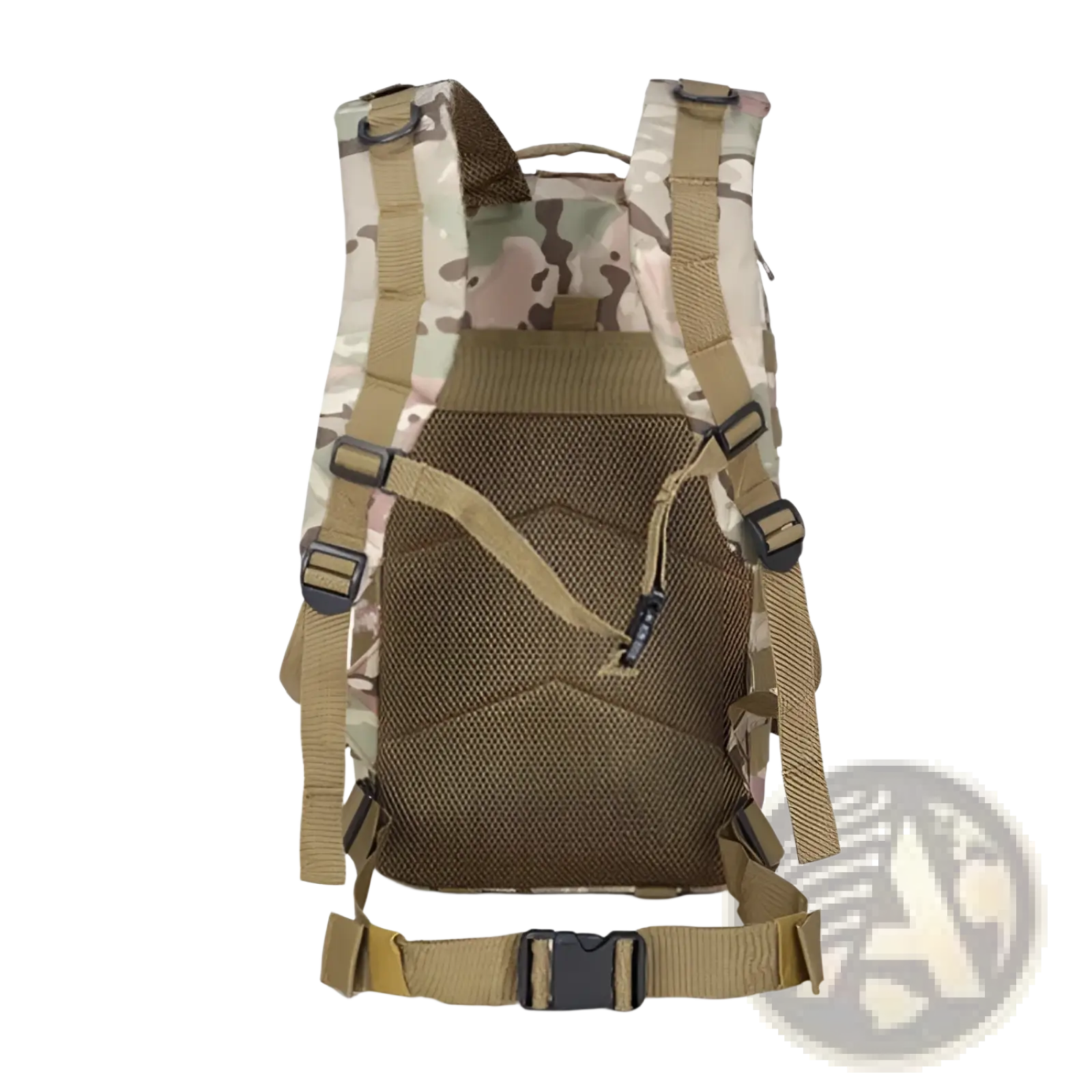 Tan and green camouflage tactical waterproof mountaineering backpack with adjustable straps and mesh back panel shown from back side