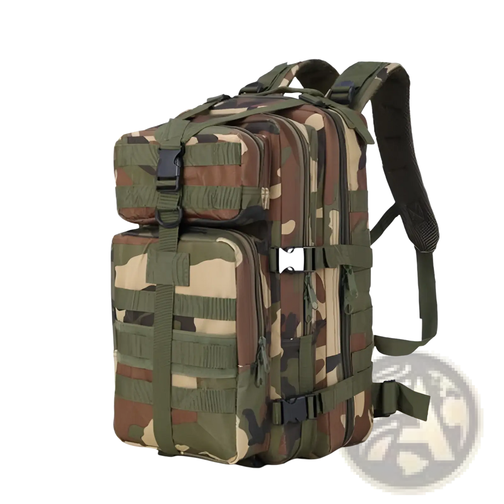 Tactical camouflage waterproof mountaineering backpack with olive green brown beige fabric and black plastic buckles