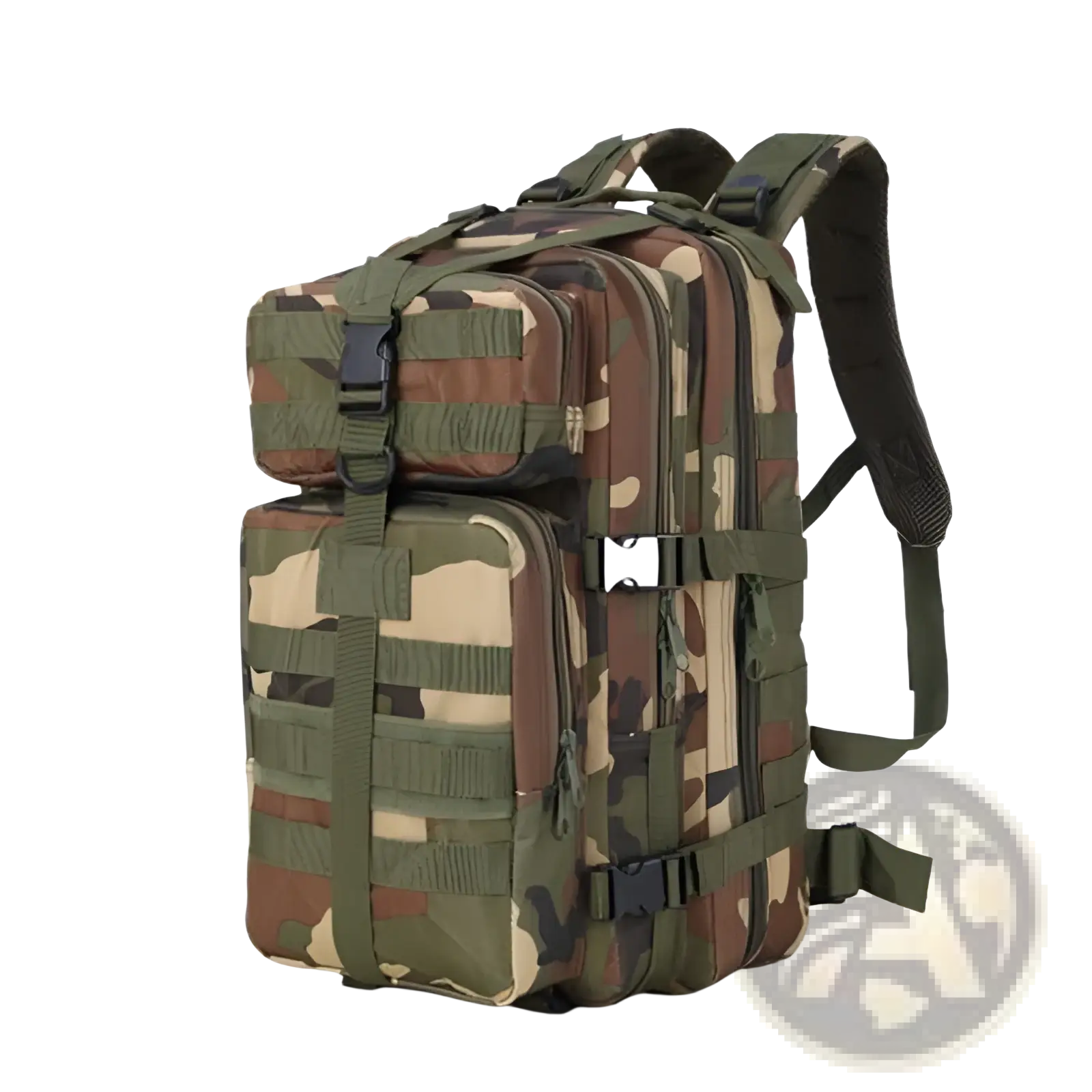 Tactical camouflage waterproof mountaineering backpack with olive green brown beige fabric and black plastic buckles