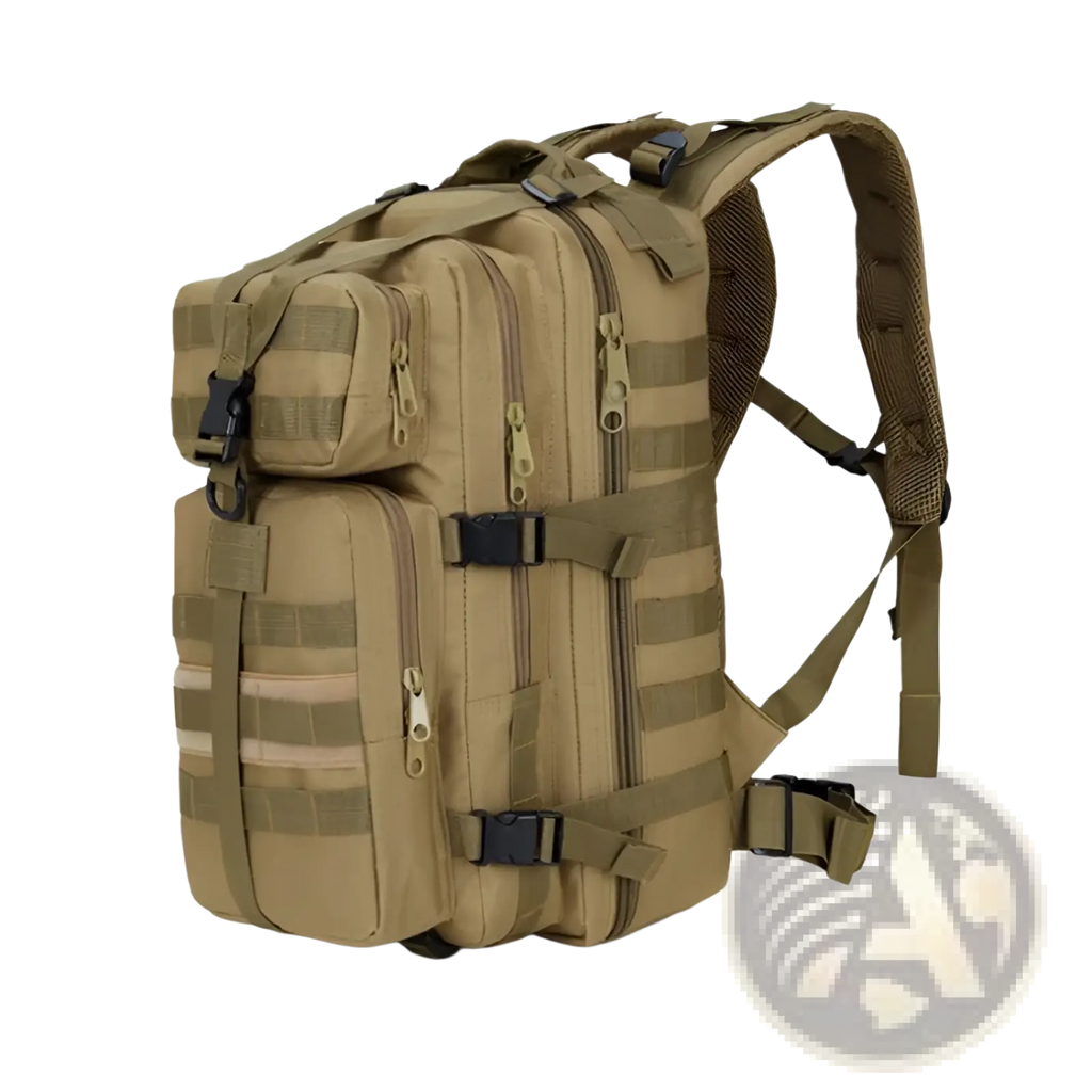 Tan tactical camouflage waterproof mountaineering backpack with multiple zippered compartments and adjustable straps
