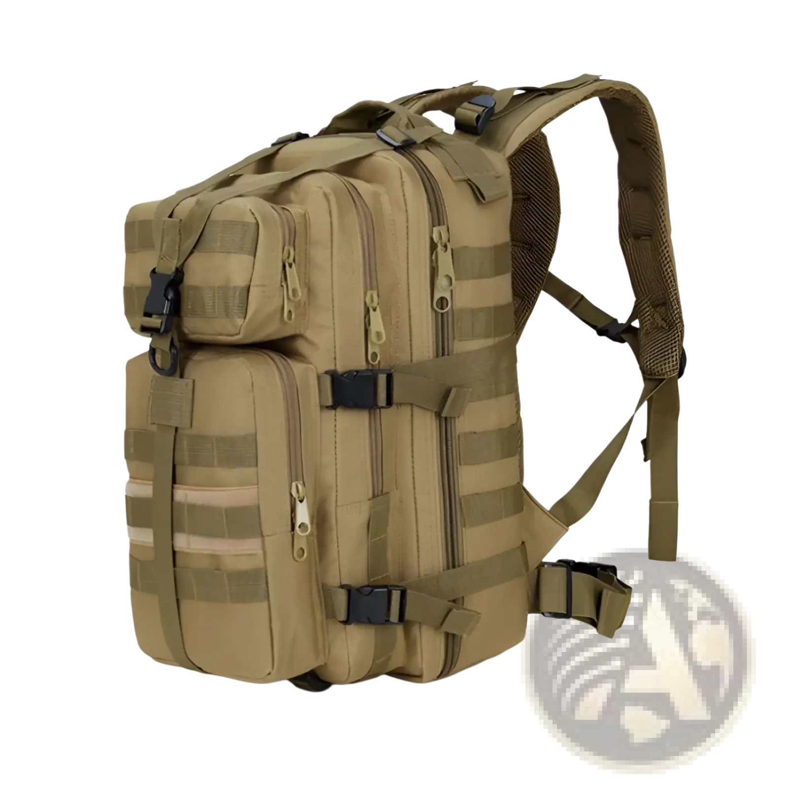 Tan tactical camouflage waterproof mountaineering backpack with multiple zippered compartments and adjustable straps