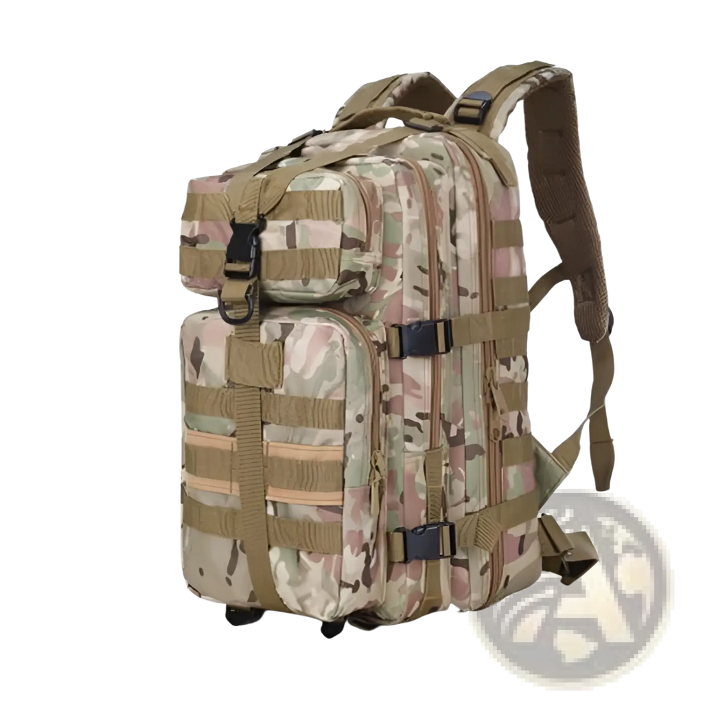 Tactical camouflage waterproof mountaineering backpack in multicam pattern with olive green and tan straps and durable fabric