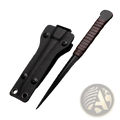 Black tactical camping knife with brown leather handle and black sheath secured by four screws for survival use
