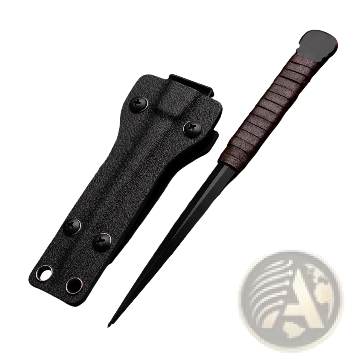 Black tactical camping knife with brown leather handle and black sheath secured by four screws for survival use