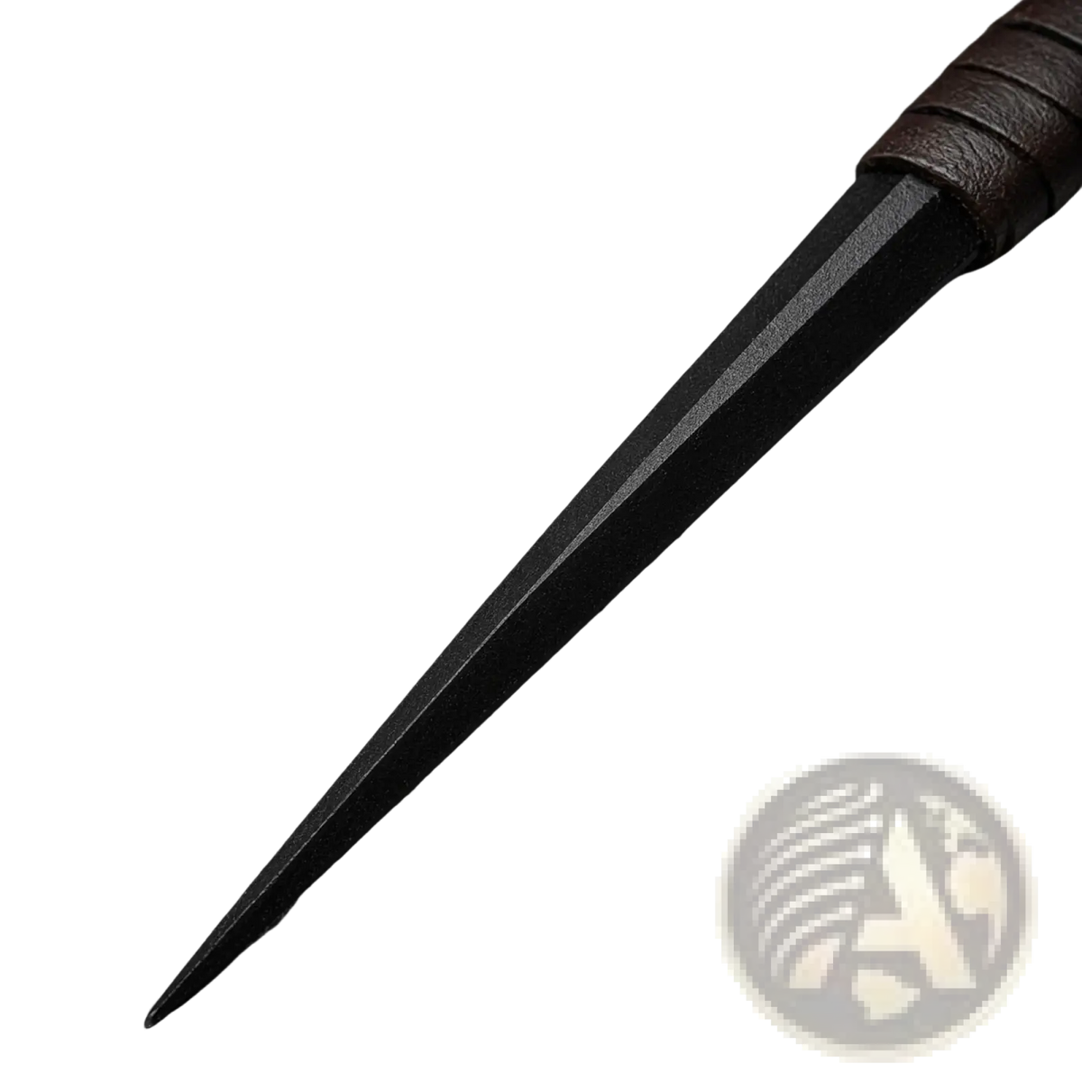 Black tactical camping knife with textured brown leather handle designed as a survival tool