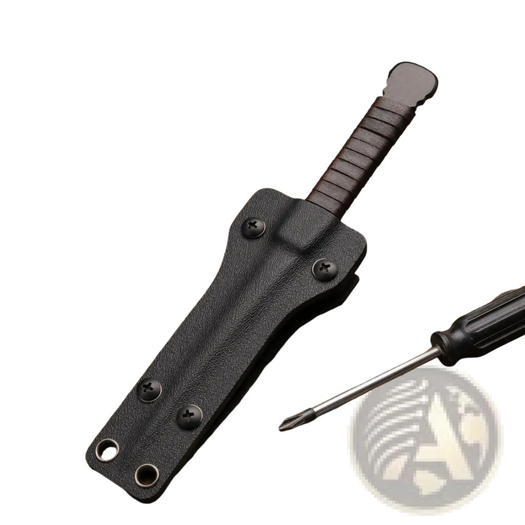 Black leather sheath holding tactical camping knife with dark brown textured leather handle survival tool