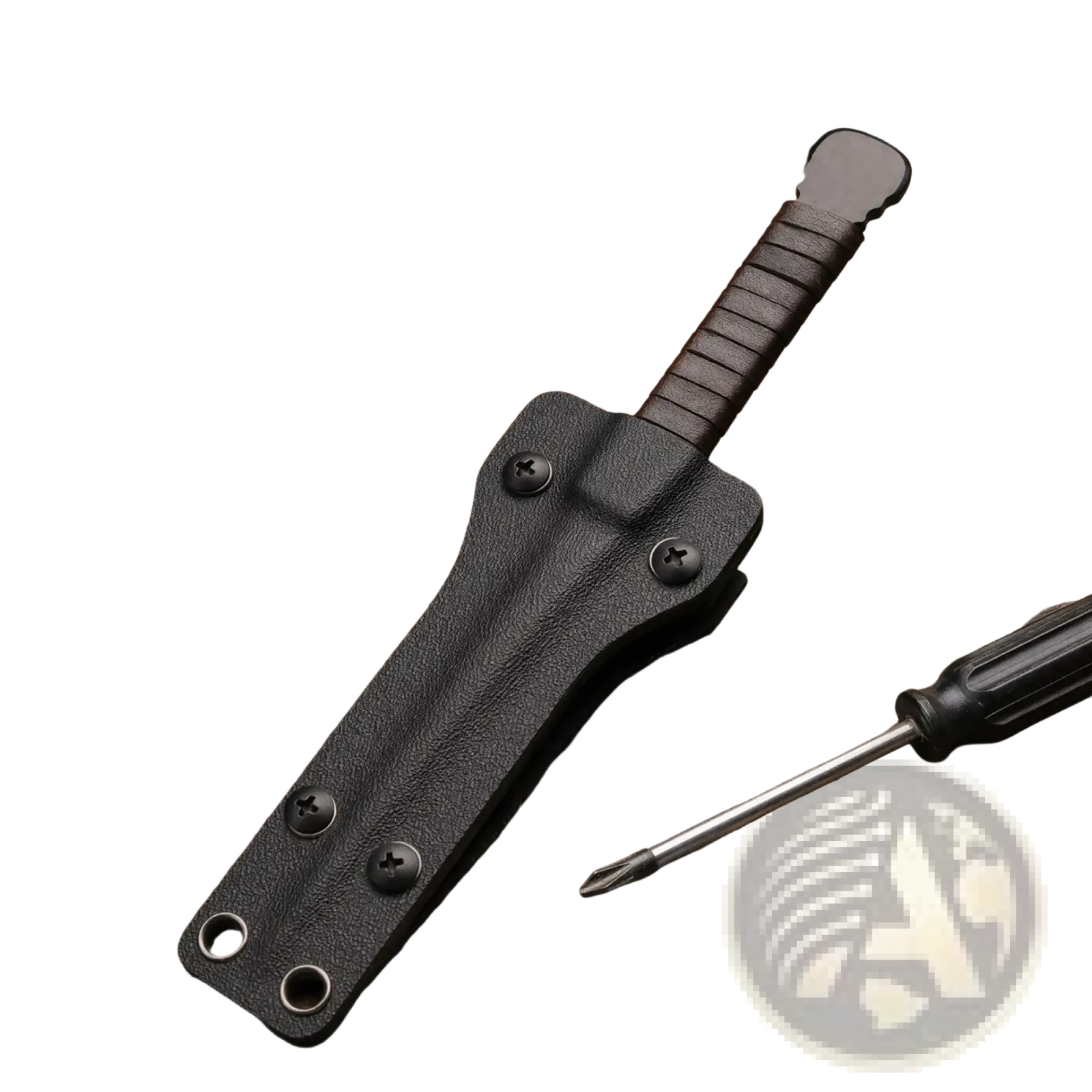 Black leather sheath holding tactical camping knife with dark brown textured leather handle survival tool