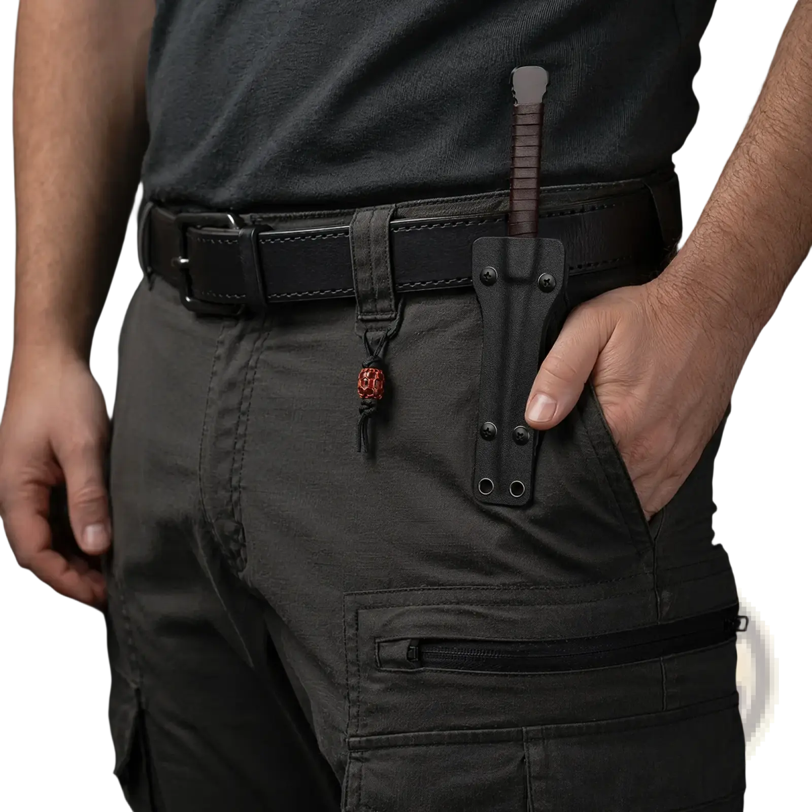 Black tactical camping knife with brown leather handle and silver blade in black sheath attached to waist belt loops